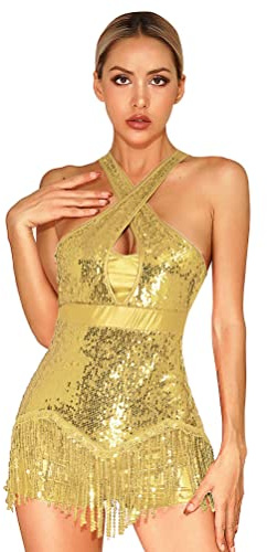 YOOJIA Vestido de Baile Mujer sin Mangas Vestido Flecos con Espalda Hueca Vestido Lentejuelas Corto Ropa Danza Contemporanea Mujer S-XXL Dorado S