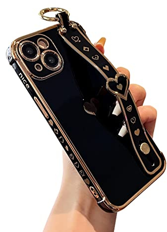 DEFBSC for iPhone 14 Case with Wrist Strap, Plating Heart, Black | Cute Side Love Pattern Phone Case with Wristband Finger Holder Stand Soft TPU Bumper Shockproof Protective Cover