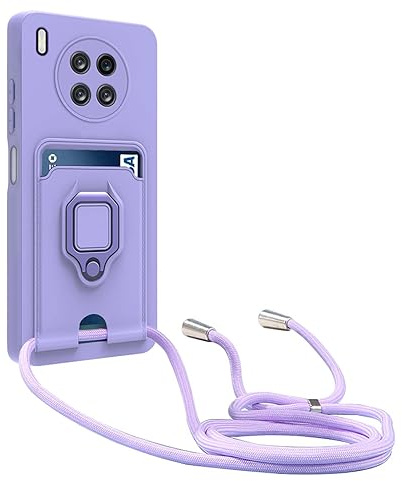 YFSYLL Handykette Schutzhülle kompatibel mit Huawei Honor 50 Lite/Huawei Nova 8i Handyhülle mit Band,Silikon Handyhülle Case mit Schiebe Kameraschutz,360 Grad Ringhalter Stand,Kartenfach,Violett