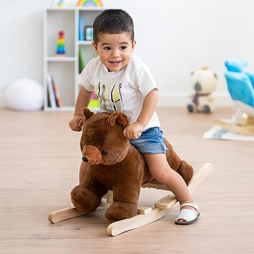 Cheval à Bascule (Ourson) en Forme d' Ourson pour Enfant en Peluche Douce et Non-Toxique pour Les bébés, avec poignées, Base en Bois, mélodie, idéal pour décoration de Chambre d'enfant