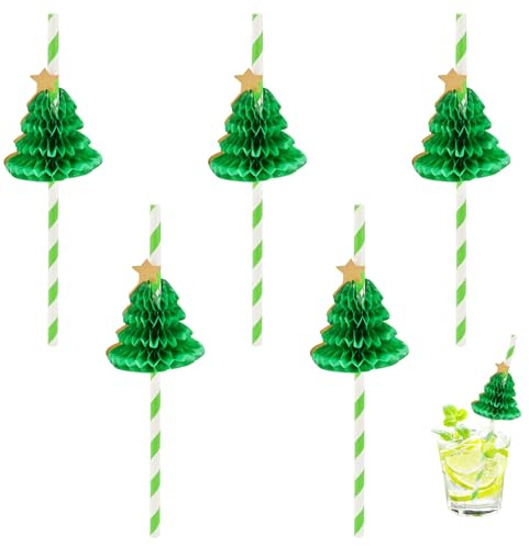 30 Pcs 3D Honeycomb Xmas Tree Paper Straws - Biodegradable Christmas Cocktail Straws for Party Decorations