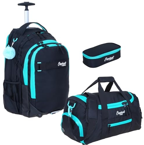 Elephant 3 Teile Set Trolley Hero Signature Schultrolley Schulranzen Trolly Sporttasche Mäppchen 12800 (Tiff Türkis 13016 (Türkis Schwarz))