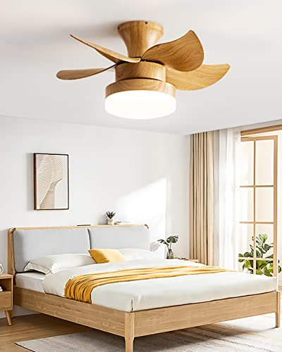 YFHKWJ Children's Wooden Ceiling Fan with Light and Remote Control Small Fan with Light 6-Speed Reversible DC Motor for Living Room Children's Room Dimmable-C