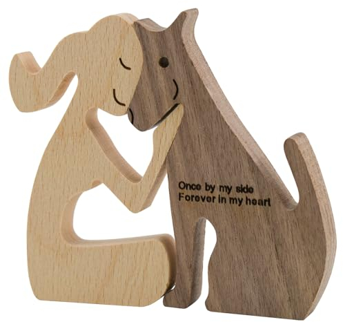 Enkrio Figuras de perro de madera, estatua de perro, esculturas de madera hechas a mano, acentos artesanales, tallado de madera para decoración del hogar (mujer beso perro)