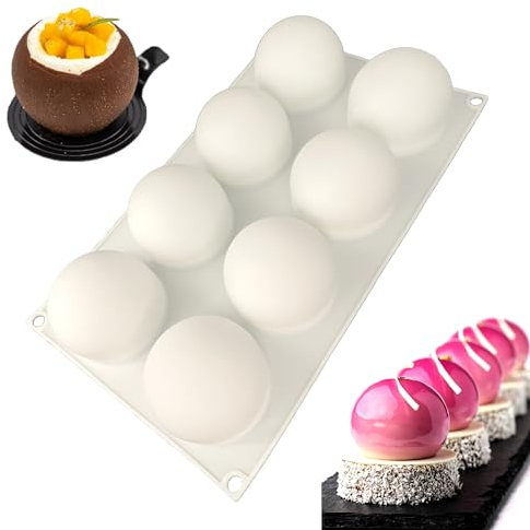 duoyif Molde De Silicona Esférico Grande 8Cavidades 65mm Molde De Chocolate Esfera Molde De Mousse De Cupula Molde Silicona Bola Para Bola Pastel Bomba-Chocolate Esférica (blanco, 8Cavidades 65mm)