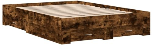 vidaXL Bettgestell, Bett mit Schubladen, Bettrahmen mit Sperrholzlatten, Doppelbett für Schlafzimmer, Schubladenbett, Räuchereiche 135x190cm Holzwerkstoff