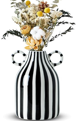 Black and White Ceramic Vase, Mid Century Modern Striped Small Vases for Flower&Pampas Grass Centerpiece, Black White Checkered Vase for Dining Table Kitchen Tabletop Minimalist Decorative