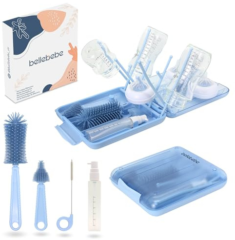 BELLEBEBE - Juego de espárragos para biberón con escurridor, cepillo y secador portátil, sin BPA, plegable y compacto