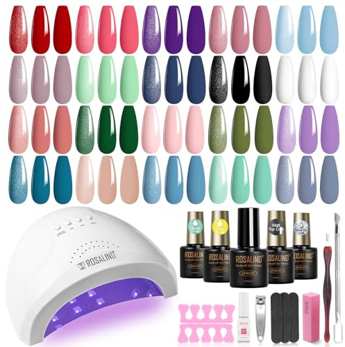 ROSALIND Kit Vernis Semi Permanent Complet UV LED Lampe 48W, 20+4 PCS Vernis Gel UV Semi Permanent Rouge Rose Violet Bleu Vert Nail Art Manucure Kit