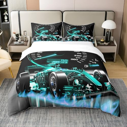 Loussiesd Sportwagen Bettwäsche Set 135x200cm 100% Baumwolle Formel Rennauto Bettbezug Set Kinder Jungen Mädchen Extremsport Thema betten Set Cool SpeedBlaugrün Blau Dekor Schlafzimmer Kollektion