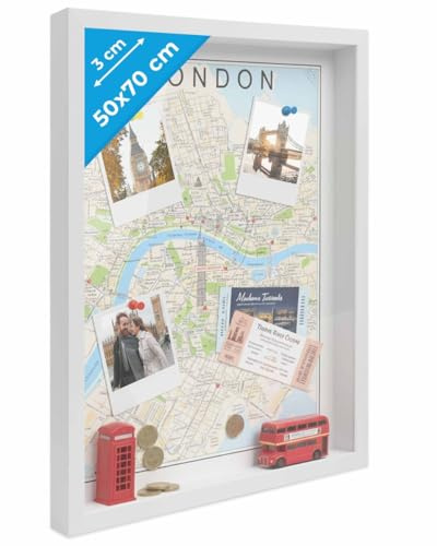 PHOTOLINI 3D Marco de fotos 50x70 cm, blanco, marco con profundidad para objetos de hasta 3 cm, madera MDF y vidrio acrílico - para manualidades y como regalo