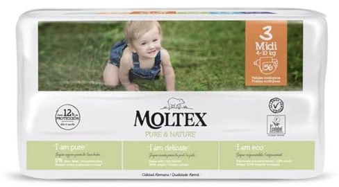 Pañales Infantiles Ecológicos Moltex Pure&Nature. Pañales Desechables. Pañales con Tecnología de Sequedad Instantánea. Hasta 12 Horas Seco. (1 Paquete, Talla 3)