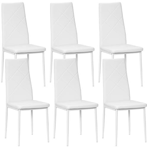 HOMCOM Set di 6 Sedie Sala da Pranzo in Finta Pelle, Sedie Cucina con Schienale Alto con Cuciture a Diamante e Gambe in Acciaio, Sedia Moderne per Cucina, Camera da Letto, Ufficio e Soggiorno, Bianco