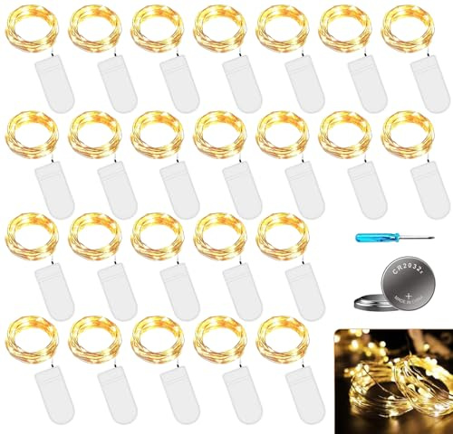 24 Stück LED Batterie Lichterkette Warmweiß, 2M 20er Mikro LED Lichterkette mit Batterie, IP65 Wasserdicht String Fairy Light Kupfer Drahtlichterkette für Party, Christmas Dekor, Flasche DIY