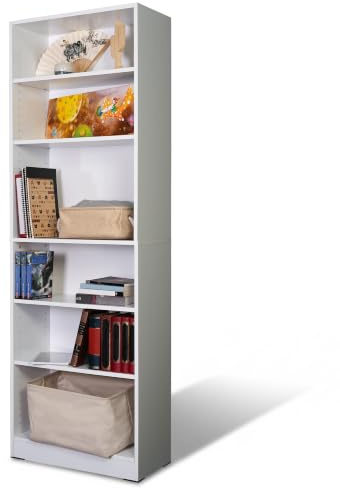 Absolute Deal White Bookcase Tall 6 Tier Free Standing Adjustable Shelf | Tall white bookshelf with adjustable shelving for books, files and home decor, a deep freestanding storage unit for any room