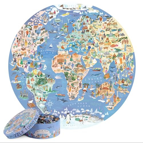 Puzzle für Erwachsene, 1000 Teile, Weltkarte, rund, Puzzle, Weltkarte, 1000 Teile, Puzzle für Erwachsene und Kinder, Geographie-Geschenke von bopster | 1000 Teile, rundes Puzzle, illustrierte Weltkarte, buntes Kunstwerk, Familienaktivität, Geschenk