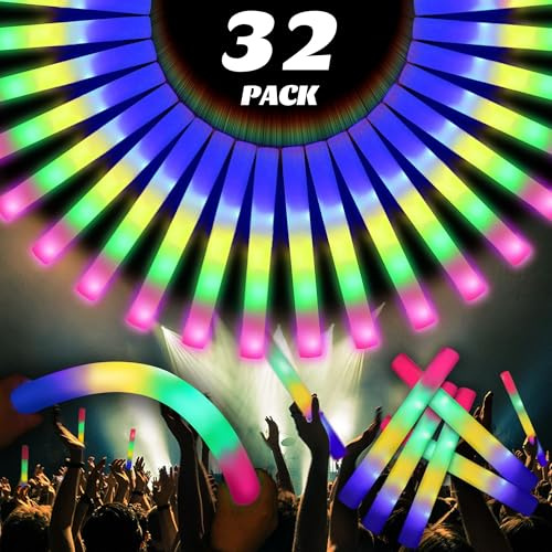 32 Stück Schaumstoff Leuchtstäbe LED, 47cm 4 Farben Leuchtstab mit 3 Modi, Nachleuchtend Partygeschenk Packs für Hochzeit, Geburtstag, Weihnachten, Konzerte Partystab