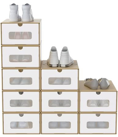 FIVMEN 10x Schuhboxen Stapelbar Kraftpapier Schuhaufbewahrung Aufbewahrungsbox mit Deckel und Transparent Sichtfenster Schuhbox Schuh Organizer, 34,5x23,5x13,5 cm