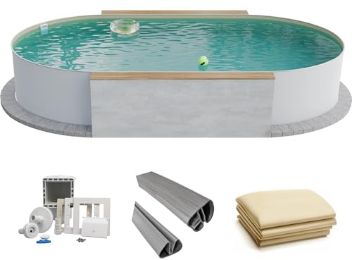 Fresh-Pool Profi Stahlwandpool Set oval, 700x350x150 cm, Stahl 0,8 mm weiß, Folie 0,8 mm Sand, Einhängebiese