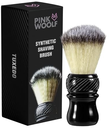 Pink Woolf Travel Shaving Brush for Men – Premium Synthetic Hair, Compact & Quick-Dry, Rich Lather, Ideal for Travel & Daily Wet Shaving - Black Tuxedo Handle
