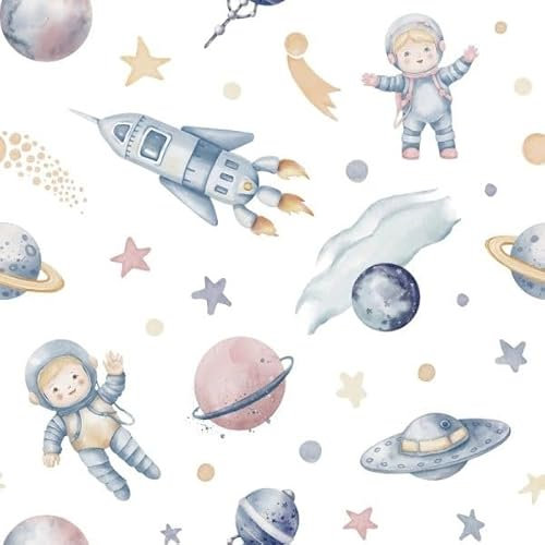 Kindertapete Kosmos, Astronauten und Planeten Muster, Pastell Farben, Wanddekoration