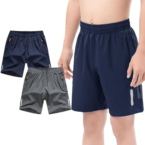 Jamron Pojkar set med 2 snabbtorkande sportshorts löparshorts med fickor och reflekterande band för 4–13 år, Grå + marinblå, 12-13 ans