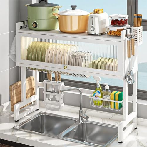 Scolapiatti sopra Il lavandino con Grande ripiano in Acciaio per scolapiatti, mobiletto portaoggetti da Cucina per la casa, Bianco, 75 cm (Bianco, 95 cm)