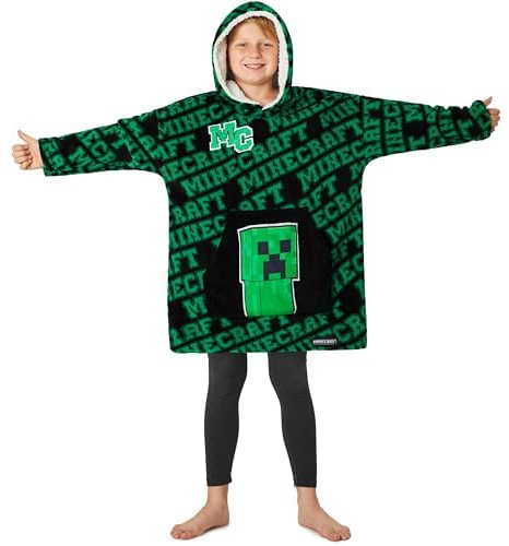 Minecraft Plaid Poncho à Capuche Oversize Garçon et Ado, Sweat Polaire Creeper, Couverture Douillette, Idée Cadeau Gamer (Vert/Noir)
