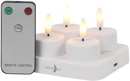 Lunartec Kerzen: 4er-Set LED-Akku-Teelichter mit USB-Ladestation, Fernbedienung, Timer (LED Kerzen mit Fernbedienung, Teelicht, Flamme)