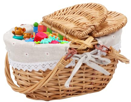 30 * 22 * 12cm Weidenkorb mit Henkel, Ovaler Picknick Korb Klein Handgefertigtes Picknickkorb Weide mit Deckel und Liner Picknickkorb Klein, für Outdoor Picknick, Camping, Partys, Erntedankfest