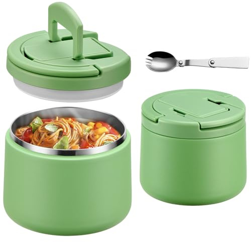 Itslife Termo para Comida 420ml, Recipiente Térmico para Comida con Cuchara, Acero Inoxidable Fiambrera Termica Infantil y Adultos, Contenedor Térmico para Picnic, Escuela y Oficina, Verde
