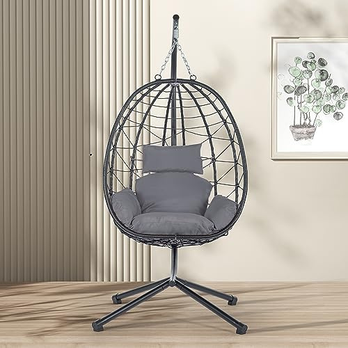 KEIKI Hanging Egg Chair with Stand, Outdoor Patio Swing Egg Basket with Cushion, 350LBS Load Rattan Wicker Hammock for Balcony, Bedroom, Living Room, Dark Grey