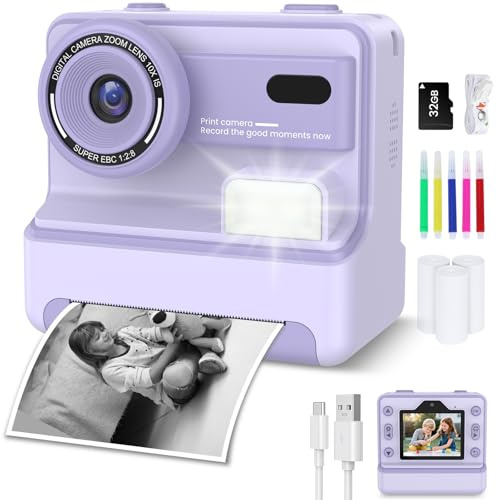 VSTKEN Appareil Photo Instantané Enfants, 48MP, 2.4 Écran,Zoom 10X,avec 32G SD&3 Rouleaux de Papier Thermique,1080P Caméra Enfant,Cadeaux pour Garçons & Filles de 3 à 12 Ans (Violet)