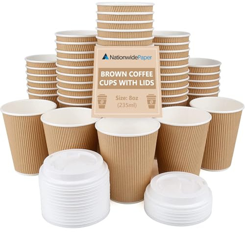 Nationwide Paper 8oz (235ml) Small Takeaway Coffee Cups with Lids Brown Triple Wall Ripple Insulated Paper Cups for Espresso, Flat White, Cappuccino & Tea, Disposable Catering (Case of 400)
