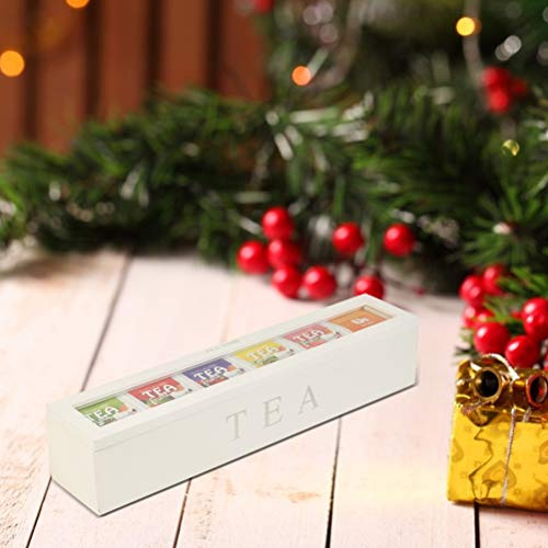 Pssopp Wooden Tea Storage Box 6 Compartment Acrylic Panel Organizer for Bags Sugar Packets Home Decor with Transparent Lid (White)