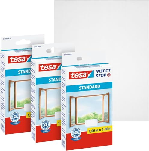 tesa Insect Stop Standard Fliegengitter für Fenster - Insektenschutz zuschneidbar - Mückenschutz ohne Bohren (3 Stück, Weiß (Leichter Sichtschutz), 1,0m:1,0m)