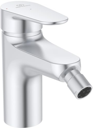 Ideal Standard Alu+ Bidetarmatur, Auslaufhöhe 74 mm, wassersparende Bidet-Handbrause mit Ablaufgarnitur, frei von Chrom & Nickel – Silber (46 x 144 x140 mm)