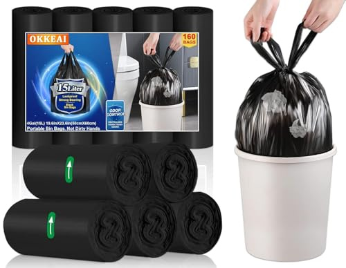 OKKEAI Sacs Poubelle 15L Noirs Avec Poignées, Salle De Bain, 160 Pièces
