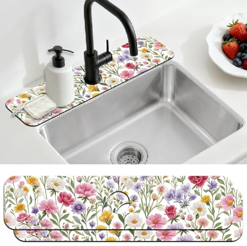 CONCHLERY 2 Pcs Faucet Mat Colorful Watercolor Flowers Plants 23.6x5.5 Inch | Colorful Watercolor Flowers Absorbent Faucet Mat for Kitchen Sink and Bathroom
