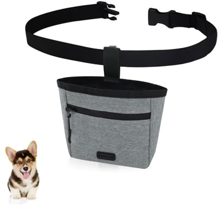 MultiValue 2-in-1 Leckerlibeutel für Hunde, freihändiges Leckerli-Beutel für Hundetraining, Klettverschluss, Öffnung Kotbeutelspender mit Hüftgurtclip für Hundespaziergangstraining (Grau)