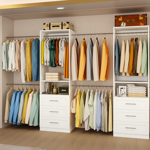 vomavex Closet System of 2 Set, 4-18FT Closet Organizer System with 10 Hanging Rods & 6 Wood Drawer & Adjustable Shelves, Walk in Closet Storage System, Free Standing Closet System, White