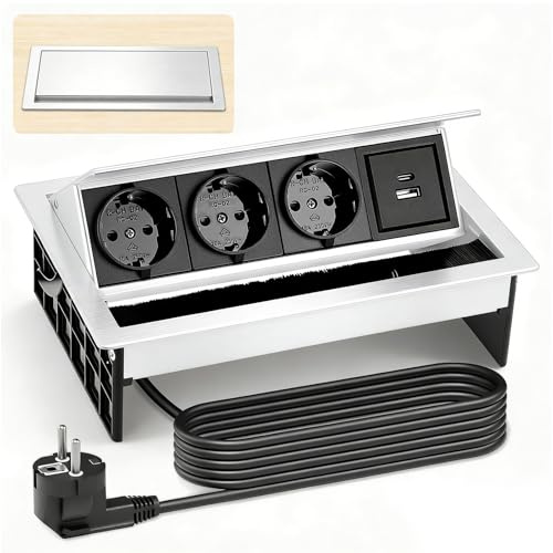 Tira de alimentación retráctil 5 en 1 con 3 compartimentos, 1 USB-C y 1 USB-A PD de 10 W, conector de aluminio integrado para mesa, zócalo retráctil, enchufe de mesa con cable de 1,8 m para cocina