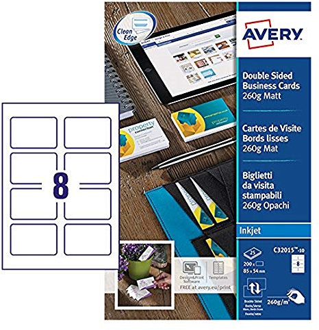Avery C32015-10 Pocket of 80 Business Cards – Smooth Edges, 260gsm Matt, 85 x 54 mm, White