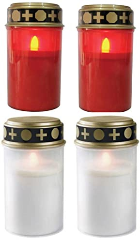 Fachhandel-Plus das Plus für Ihren Einkauf 4er Set Grablichter 2 x rot und 2 x weiß, LED Kerze, Grabkerze, Flackereffekt