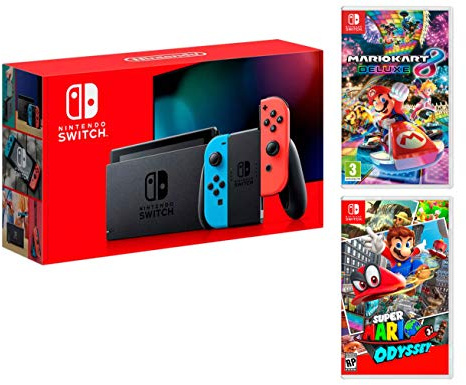 Nintendo Switch console Rouge/Bleu Néon 32Go + Super Mario Odyssey + Mario Kart 8 Deluxe