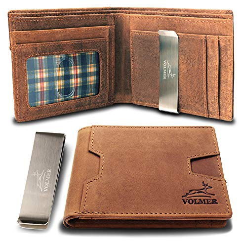 Fa.Volmer ® Echt-Leder Geldbörse mit Geldklammer und Münzfach - inkl. RFID-Schutz - Modell San Francisco - braun