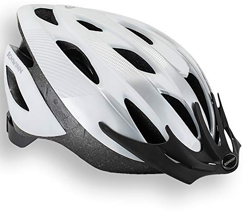 Schwinn Thrasher Casque de vélo pour hommes et femmes, 14 ans et +, tours de tête 58-62 cm, ajustement confortable par molette, 20 trous d’aérations, visière amovible, Blanc