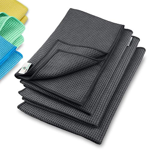 ELEXACLEAN Mikrofaser Trockentuch Waffeltuch, 4er-Pack, 60x40 cm, Anthrazit | Superweiche Microfaser Qualität für Fenster, Auto, Glas, Küche, Geschirr, Bad und Dusche