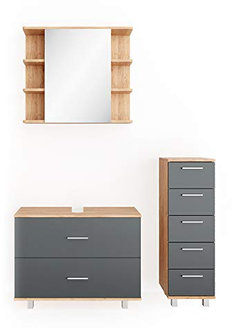 Vicco Badmöbel-Set Anthrazit/Goldkraft Eiche Ilias, bestehend aus Bad Spiegelschrank, Waschbeckenunterschrank, Midischrank - mit Fächern für Flexible Aufbewahrung