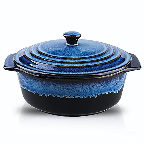 KOOV Ceramic Casserole Dish with Lid - 2 Quart, 9 Inch Round Baking Dish, Oven Safe, Reactive Glaze